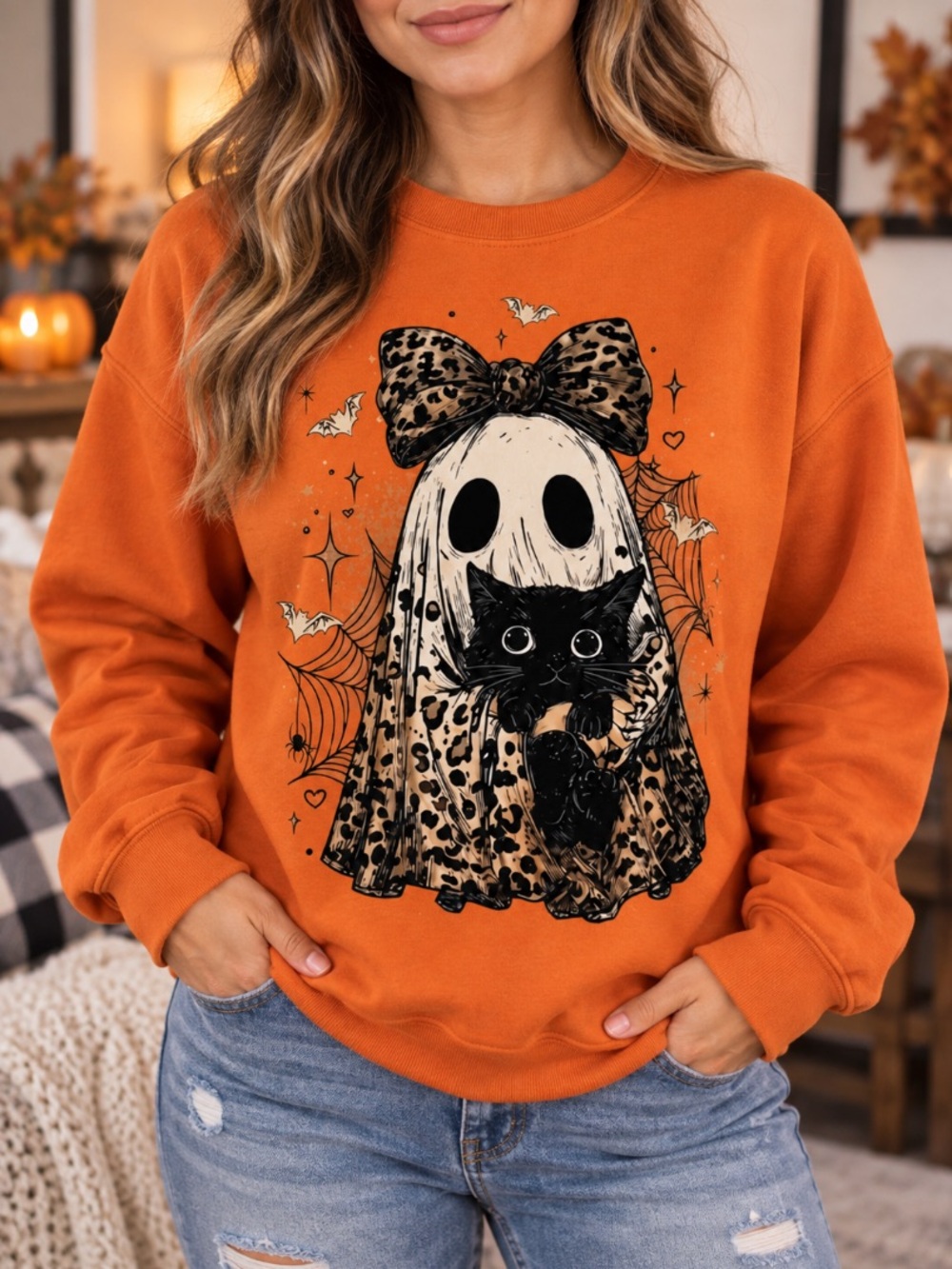 Ghost Black Cat Halloween Shirt Leopard Bow Graphic Sweatshirt